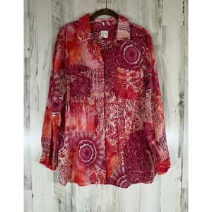 Chicos Button Up Size 3 or XL Pink Multi Paisley Watercolor Roll Tab Lightweight